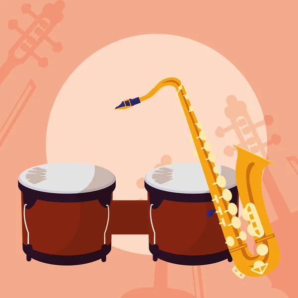 Muzikale instrumenten op saxofoon en timbals — Stockvector