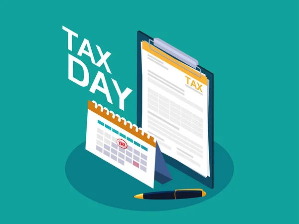 Día de impuestos con portapapeles y recordatorio de calendario — Archivo Imágenes Vectoriales