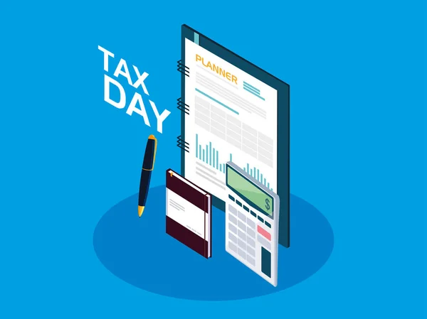 Día de impuestos con planificador e iconos de negocios — Archivo Imágenes Vectoriales