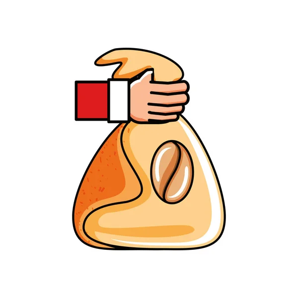 Mano con bolsa de café aislado icono — Vector de stock