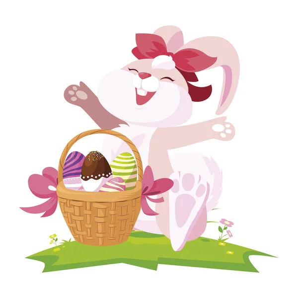 Cute rabbit easter female with eggs painted in basket — Stock Vector