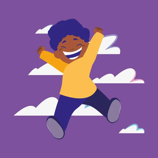Feliz chico saltando nubes fondo — Archivo Imágenes Vectoriales