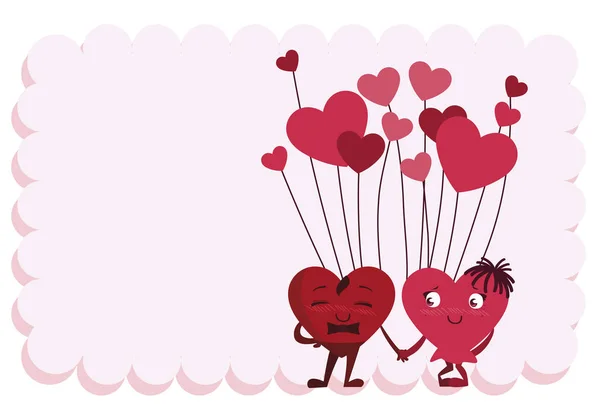 Par hjärtan med ballonger helium kawaii tecken — Stock vektor