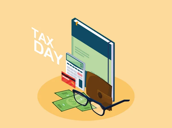 Tax day with book and set icons — Stock Vector