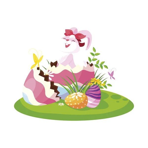 兔子复活节女性与鸡蛋画在花园里 — 图库矢量图片