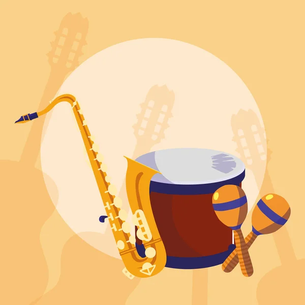 Hudební nástroje saxofon a tympány a bubny — Stockový vektor