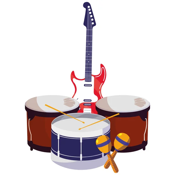 Instrumentos de guitarra elétrica e timbals —  Vetores de Stock