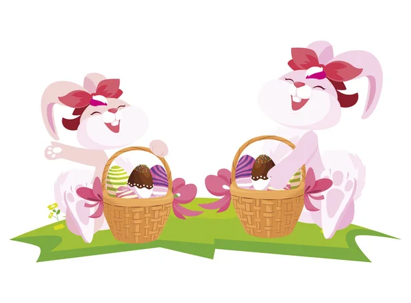 Mignon couple de lapins avec oeufs peints dans le panier — Image vectorielle