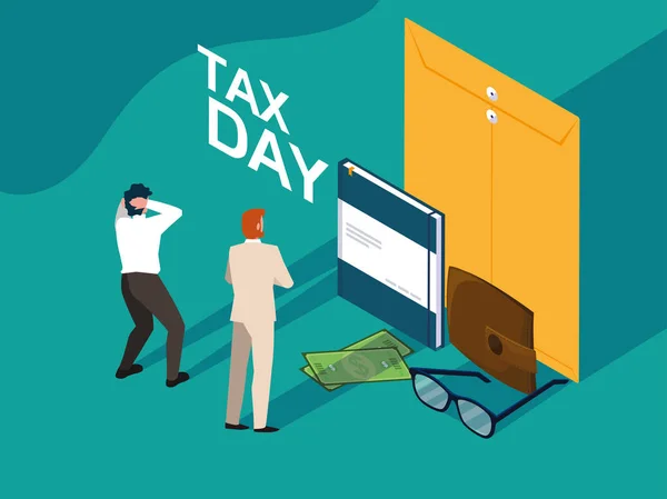 Hommes d'affaires dans la journée fiscale avec enveloppe et icônes — Image vectorielle
