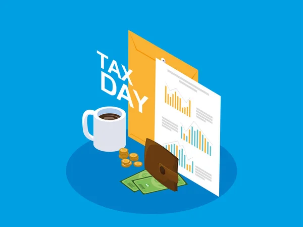 Día de impuestos con manila sobre e iconos de negocios — Archivo Imágenes Vectoriales