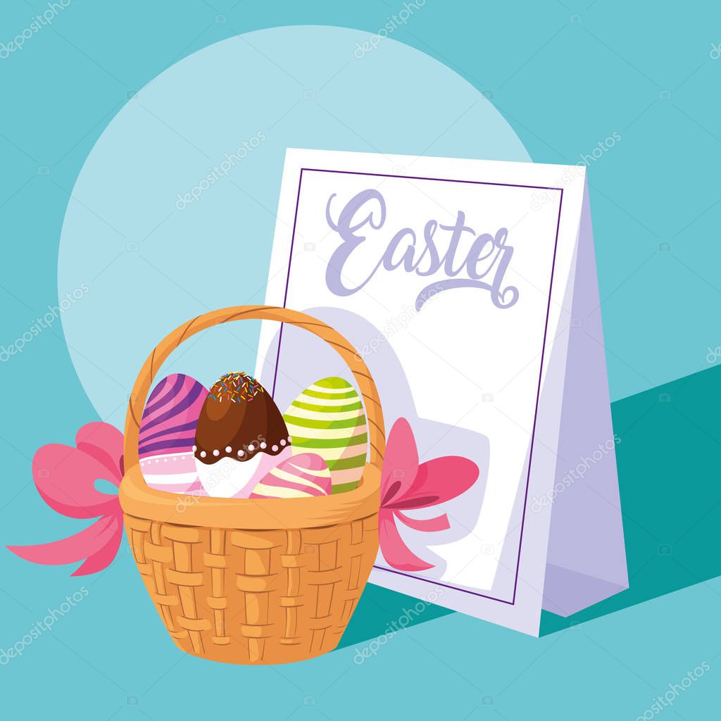 decorated easter eggs in basket wicker with card