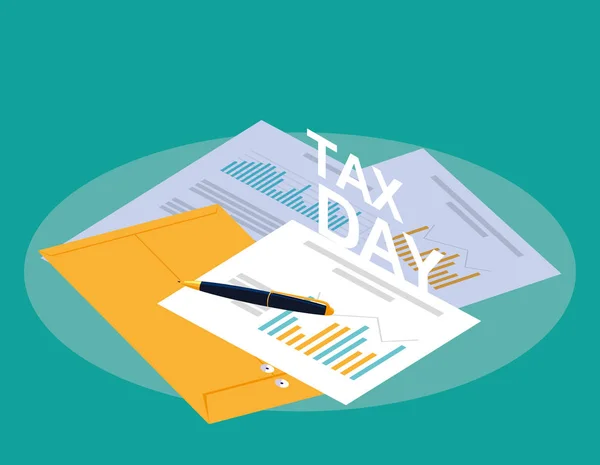 Día de impuestos con documento estadístico e iconos establecidos — Archivo Imágenes Vectoriales