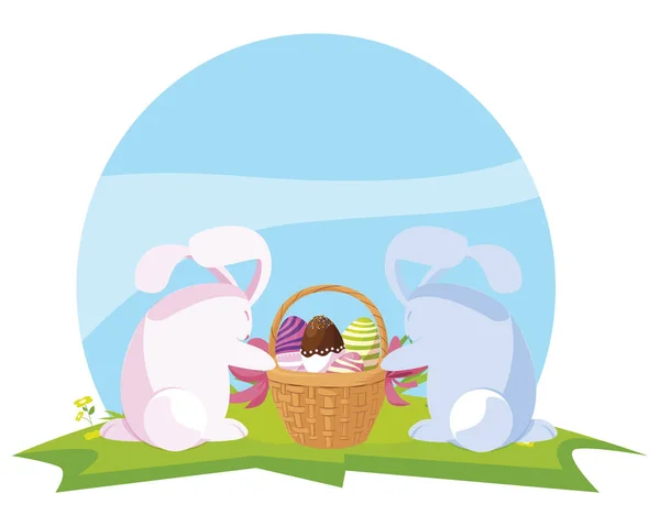 Simpatica coppia di conigli con uova dipinte nel cestino — Vettoriale Stock