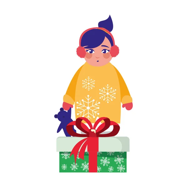 Ragazza con vestiti invernali e regali di Natale — Vettoriale Stock