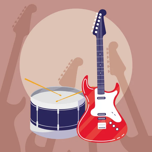 Guitarra instrumentos elétricos e de tambor musical — Vetor de Stock