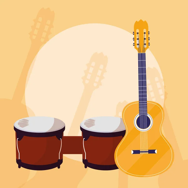 Instrumentos musicais de guitarra e timbais —  Vetores de Stock