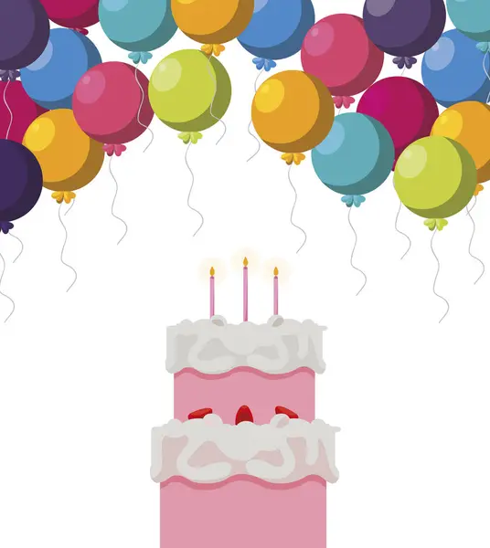 Dulce pastel cumpleaños con globos helio — Vector de stock