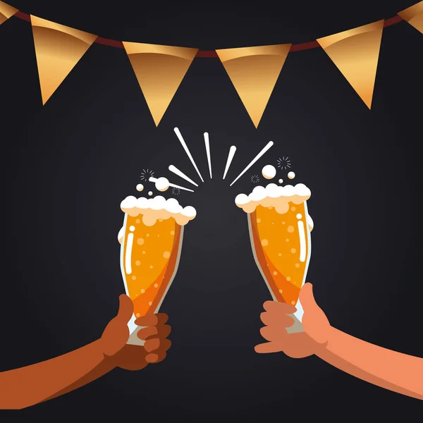 Χέρια που κρατούν κρύες μπύρες γιορτή — Διανυσματικό Αρχείο