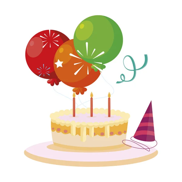 Сладкий торт день рождения с воздушными шарами гелия — стоковый вектор