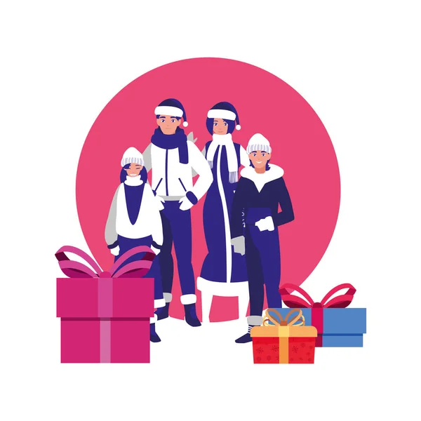 Familia con ropa de invierno y caja de regalo de Navidad — Archivo Imágenes Vectoriales
