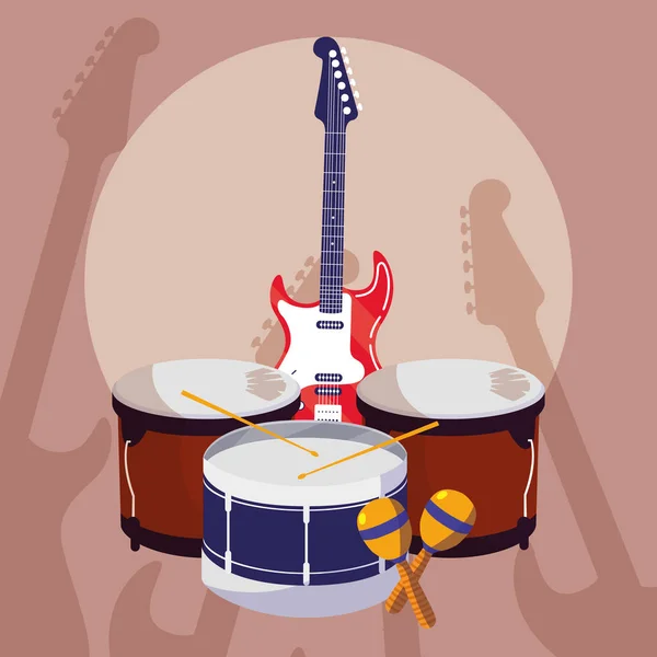 Guitare instruments électriques et timbales — Image vectorielle