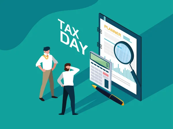 Przedsiębiorców w dniu podatku z planner i ikony — Wektor stockowy