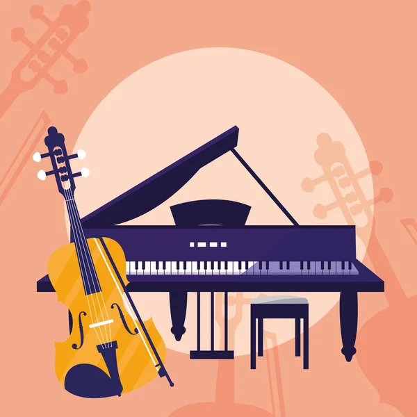 Instrumentos de violín y piano de cola — Vector de stock