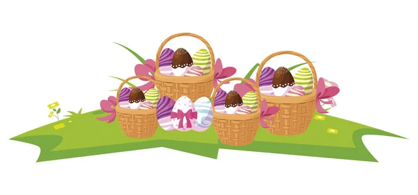 Oeufs de Pâques heureux peints dans le panier — Image vectorielle