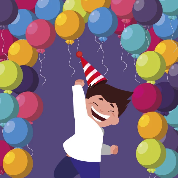 Lindo feliz chico con cumpleaños globos helio — Vector de stock