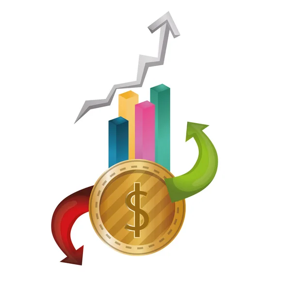 Statistics bars with coin money — Stock Vector