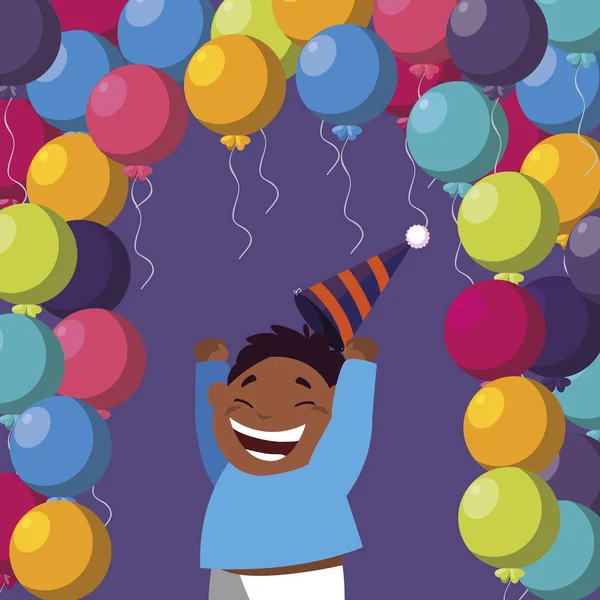 Lindo feliz negro chico con cumpleaños globos helio — Vector de stock