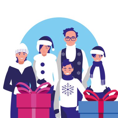 Aile kış giysileri ve Noel hediye kutusu