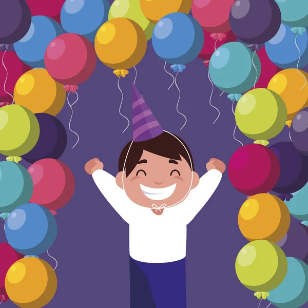 Lindo feliz chico con cumpleaños globos helio — Vector de stock
