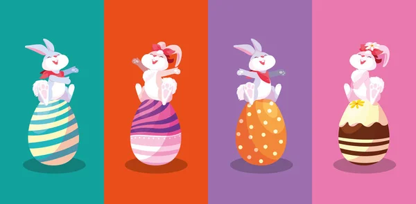 Groupe de lapins assis dans des œufs de Pâques — Image vectorielle