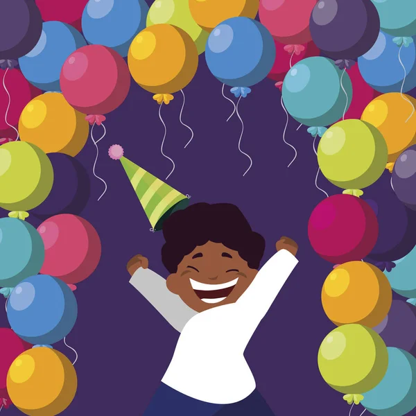 Bonito feliz preto menino com aniversário balões hélio —  Vetores de Stock