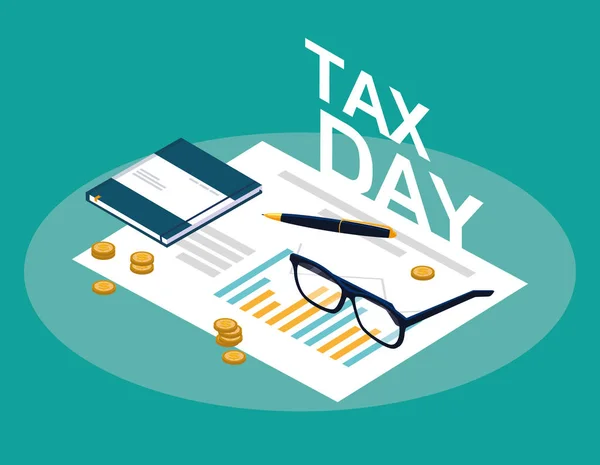 Tax day with statistic document and set icons — Stock Vector