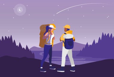 Orman manzara sahnesinde genç Çift