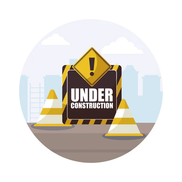 Under construction label with cones — Stock Vector