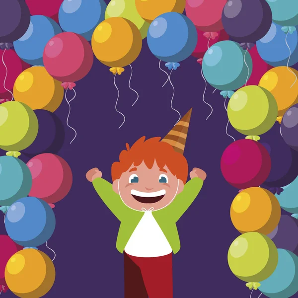 Lindo feliz chico con cumpleaños globos helio — Vector de stock