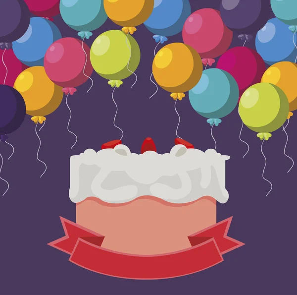 Sweet cake birthday with balloons helium — Stock Vector