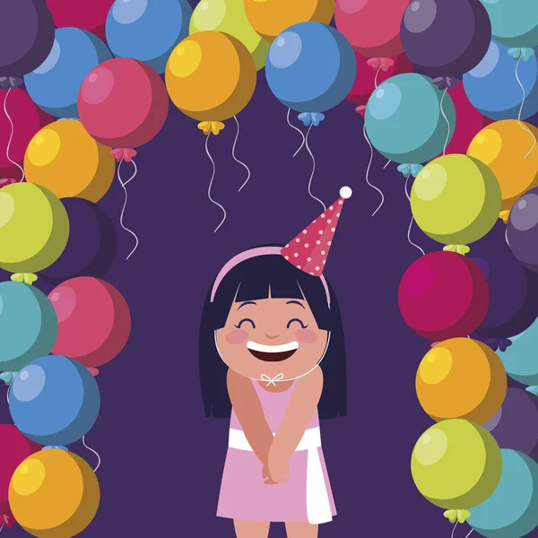 Doğum günü balonları helyum ile şirin mutlu kız — Stok Vektör