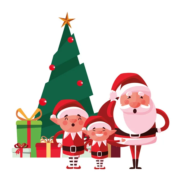 Navidad santa claus elfos y árbol regalo — Archivo Imágenes Vectoriales