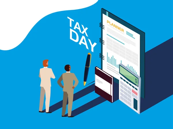 Businessmen in tax day with planner and icons — Stock Vector