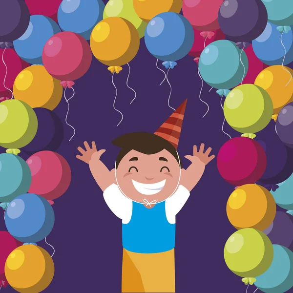 Lindo feliz chico con cumpleaños globos helio — Vector de stock