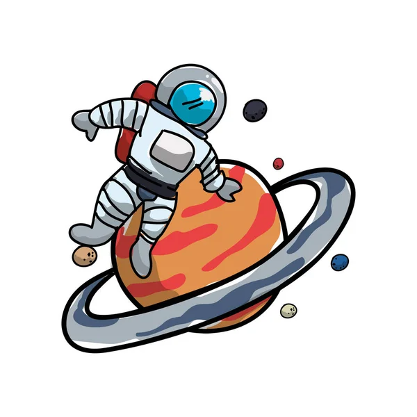 Saturnus planeet met astronaut — Stockvector