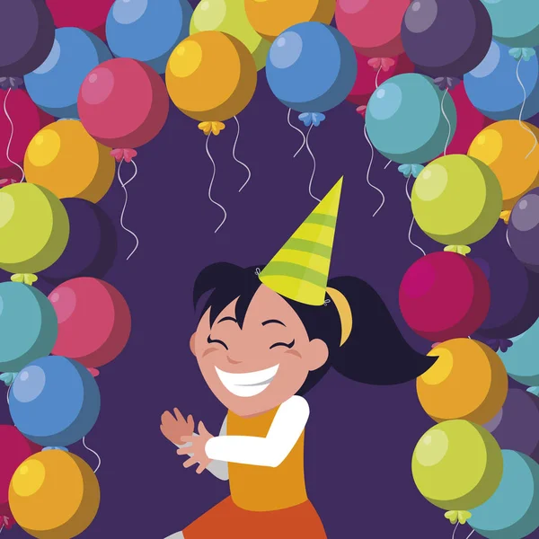 Ευτυχισμένο το χαριτωμένο κορίτσι με το ήλιο μπαλόνια γενεθλίων — Διανυσματικό Αρχείο