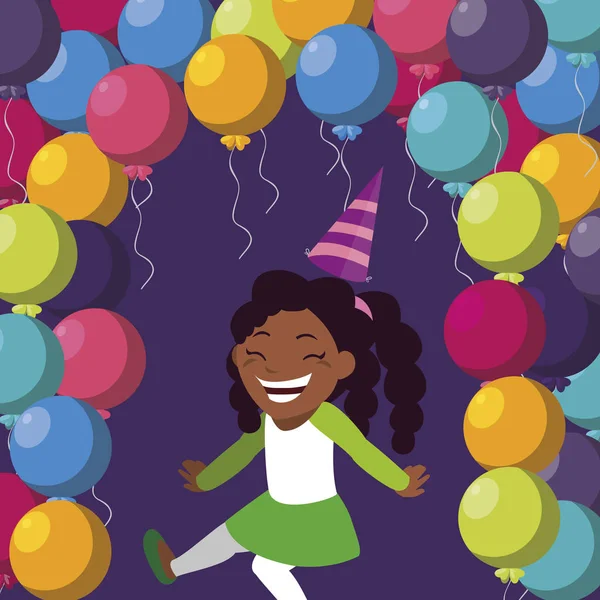 Bonito preto menina com aniversário balões hélio —  Vetores de Stock