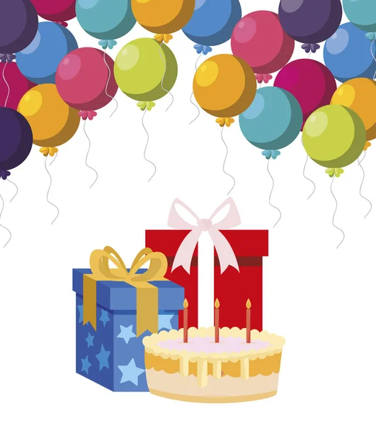 礼物的礼品盒与气球氦和甜蛋糕 — 图库矢量图片