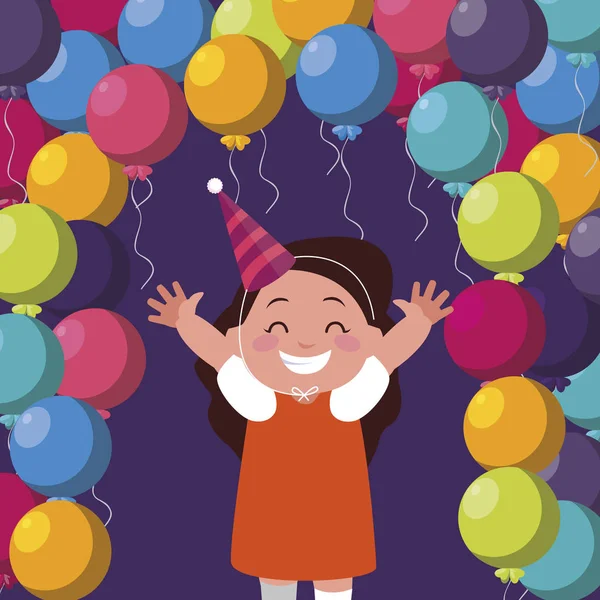 Menina feliz bonito com aniversário balões hélio —  Vetores de Stock