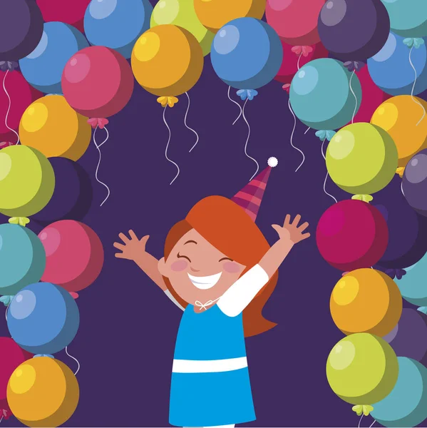 Linda chica feliz con globos de cumpleaños helio — Vector de stock